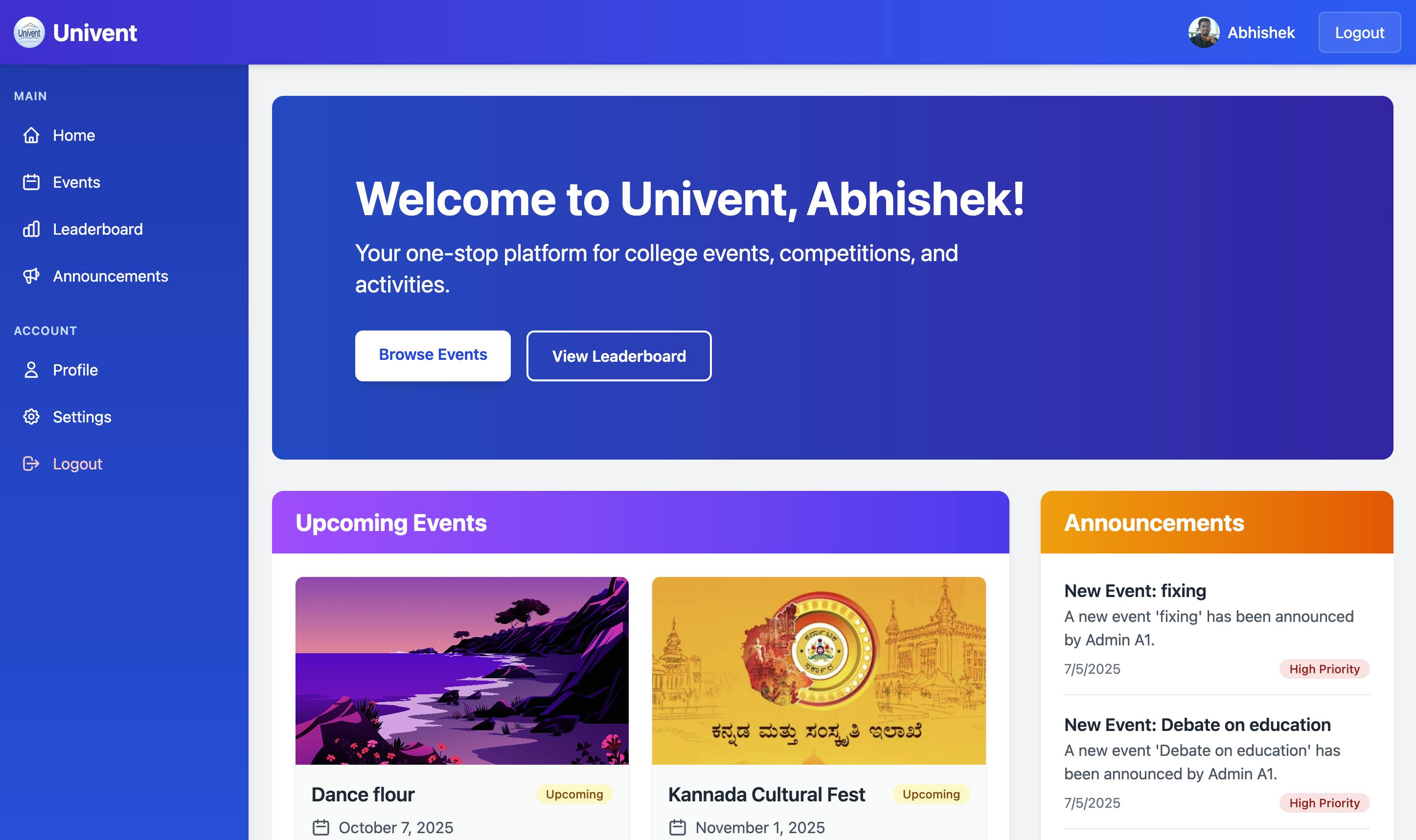 Univent Dashboard
