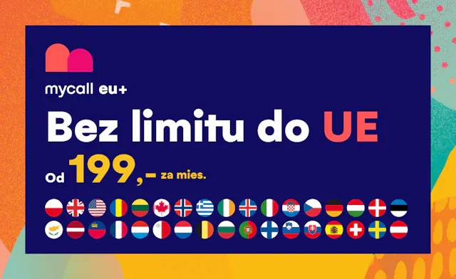 Baner reklamowy planu mobilnego z informacją o rozmowach do 66 krajów za 199 koron miesięcznie i siatką flag narodowych.