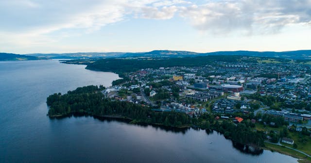 Aerial view of a Norwegian city built along a fjord with dense forest, residential areas and rolling hills in the evening light.