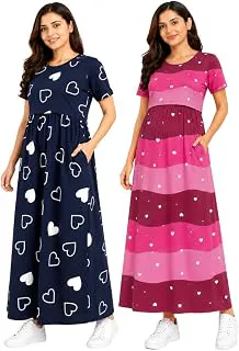 Maternity Feeding Dress Combo Pack of 2 | Zipless Nursing Dress for Women | Soft Cotton Lounge & Outdoor Wear | Pregnancy & Feeding Friendly Maxi Dress with Pockets(Navy,Pink)
