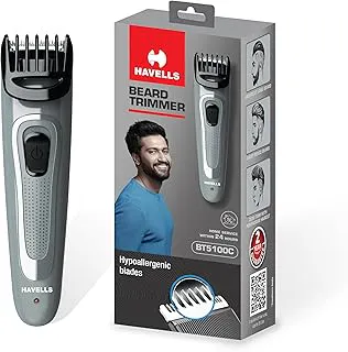 Havells Bt5100C Rechargeable Beard Trimmer with Hypoallergenic Blades; Zero Trim with 0.5 Mm Precision;Upto 17Mm Length Setting for All Styles; 45 Min Runtime,Battery Powered Black & (Grey)-Men