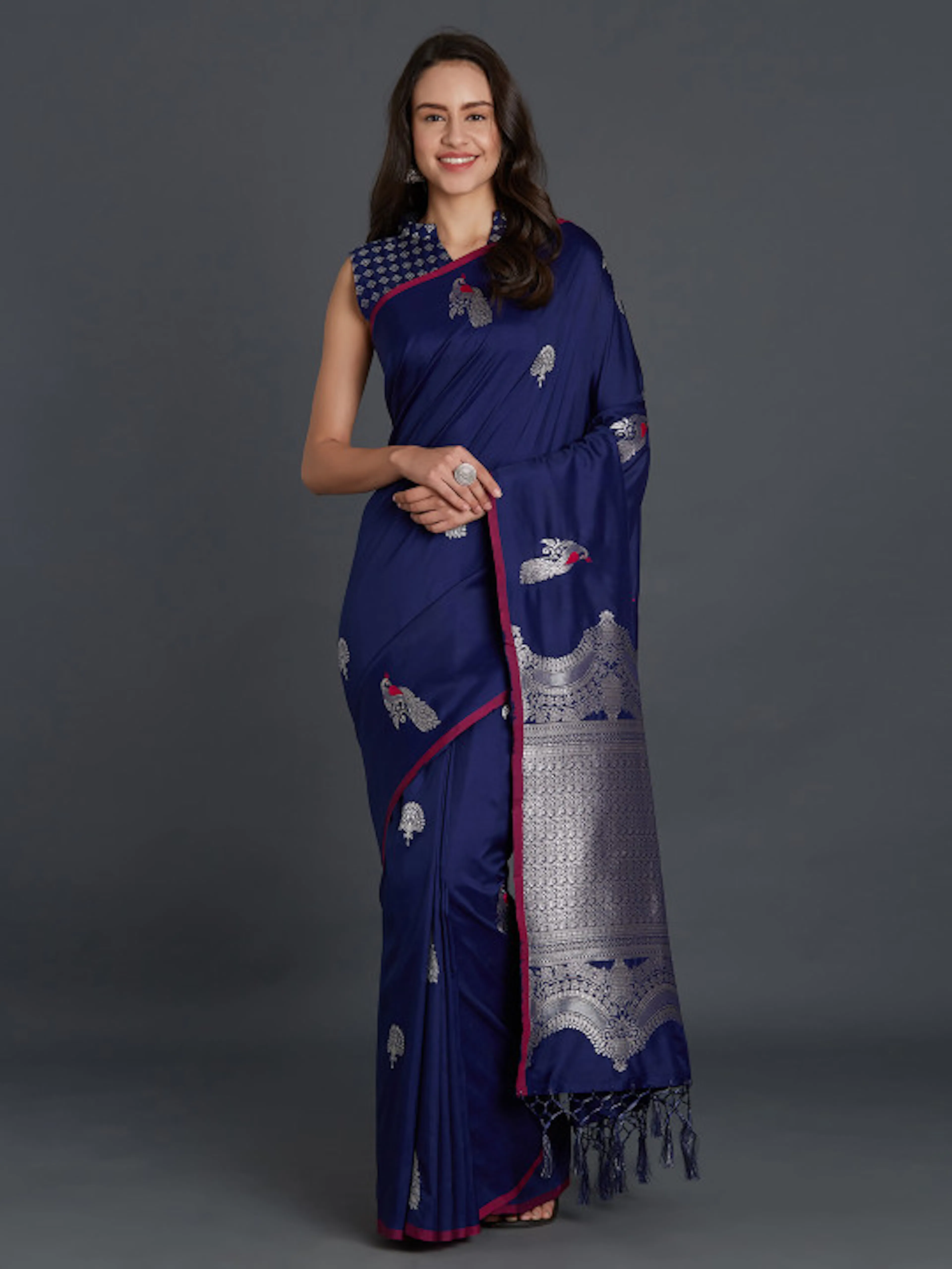 Mitera Navy Blue Silk Blend Solid Banarasi Saree