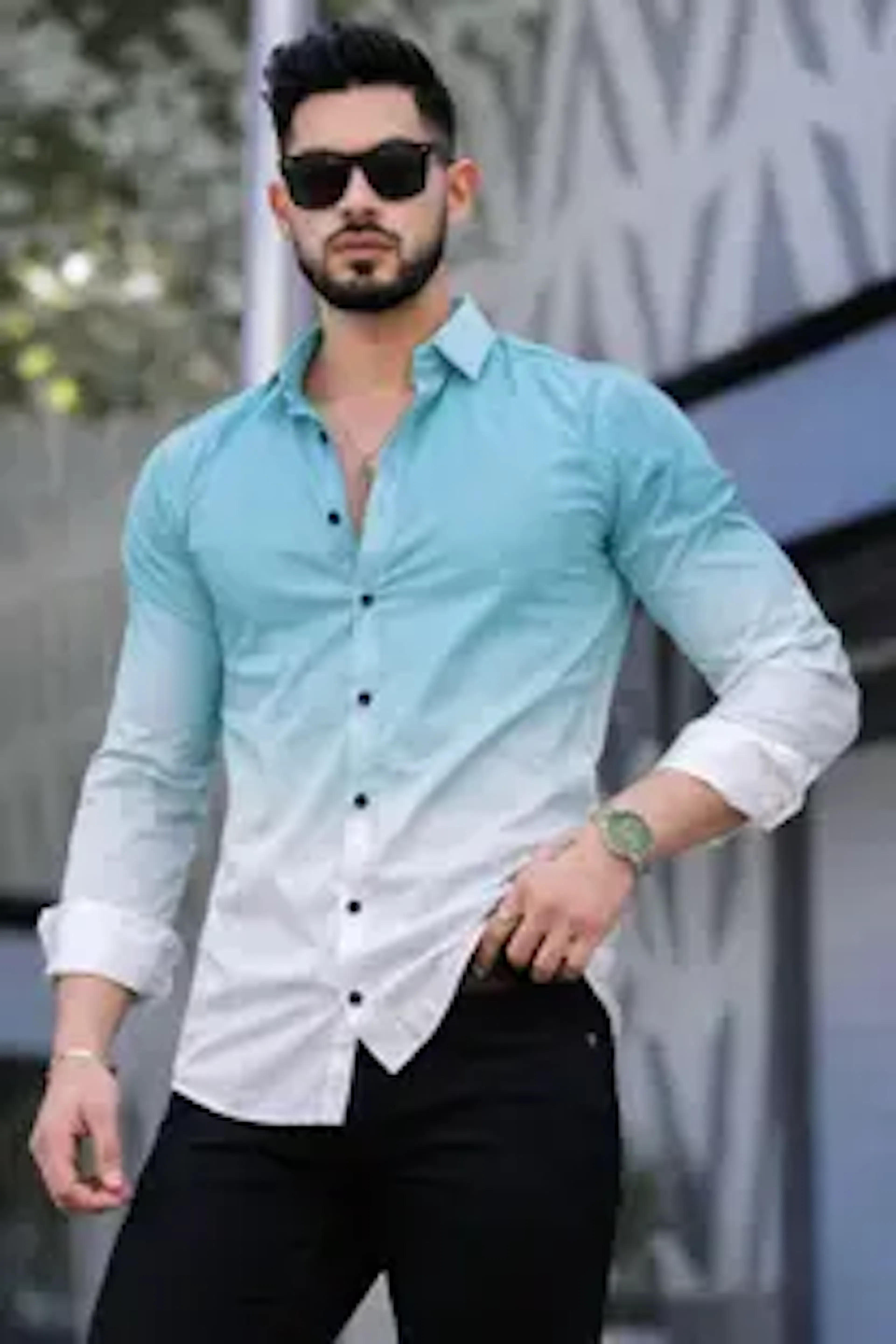 SH FSN Men Dyed/Ombre Casual Light Blue, White Shirt