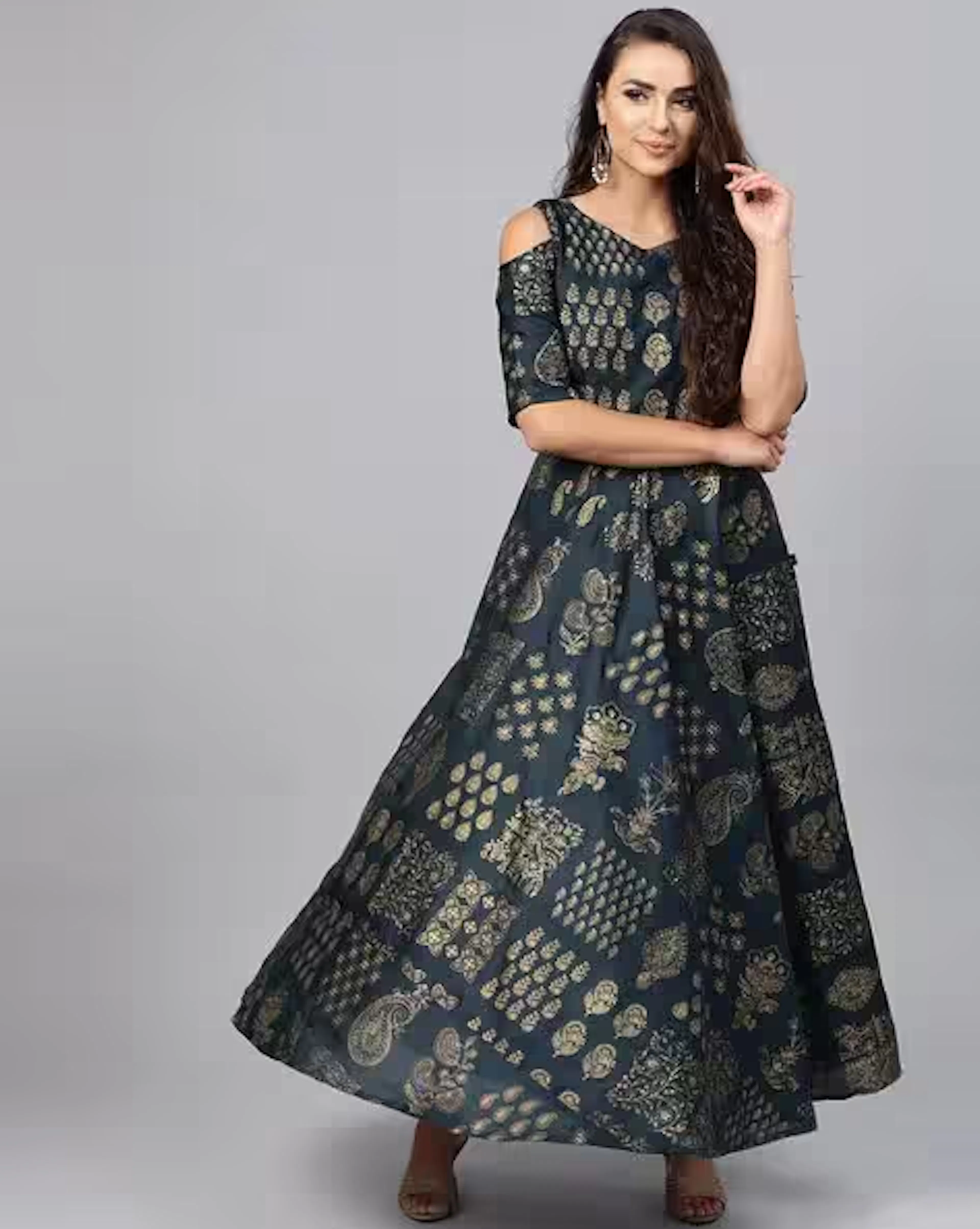 Printed Cold-Shoulder Maxi A-line Dress
