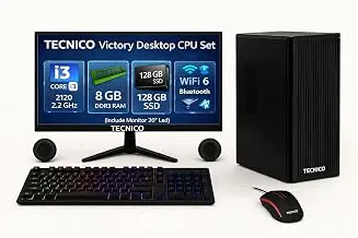 TECNICO Victory Desktop CPU Set, Core I3 2120 2.2GHz, 8 GB DDR3 RAM, 128 GB SSD, RGB Keyboard Mouse Set, WiFi 6, Bluetooth, Speakers, (Include Monitor 20" Led)
