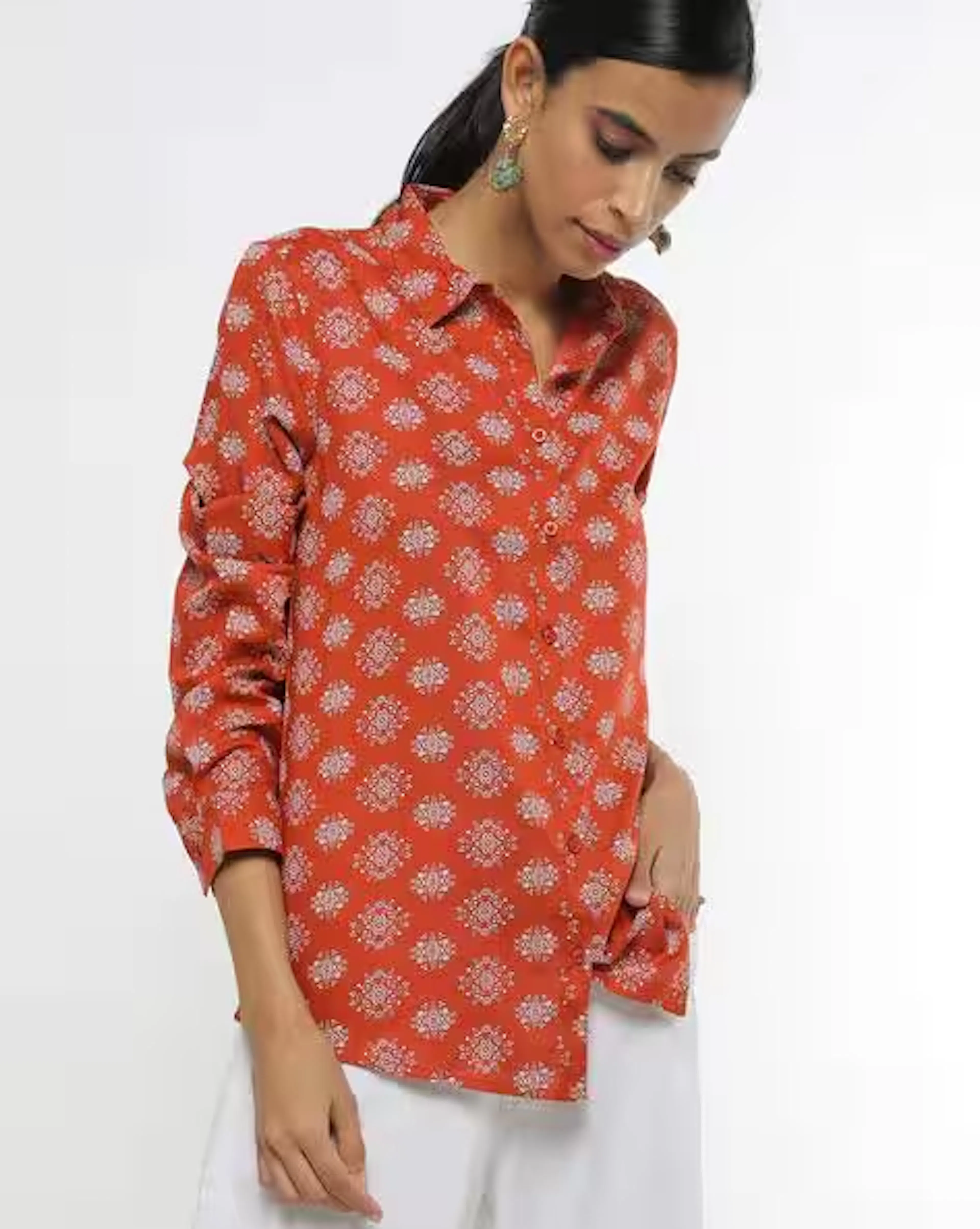 Printed Shirt with Spread Collar