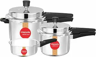 Butterfly Cordial Plus 2L, 3L & 5L SS Pressure Cooker Combo | Stainless Steel | Induction & Gas Stove Compatible| ISI Certified| Triple Safety System| Silver