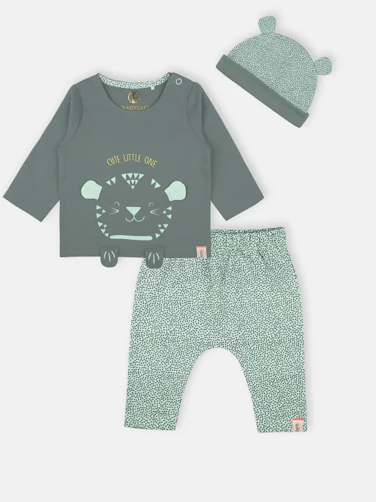 Babysafe Boys Grey & Sea Green Printed T-shirt with Pyjamas & Beanie
