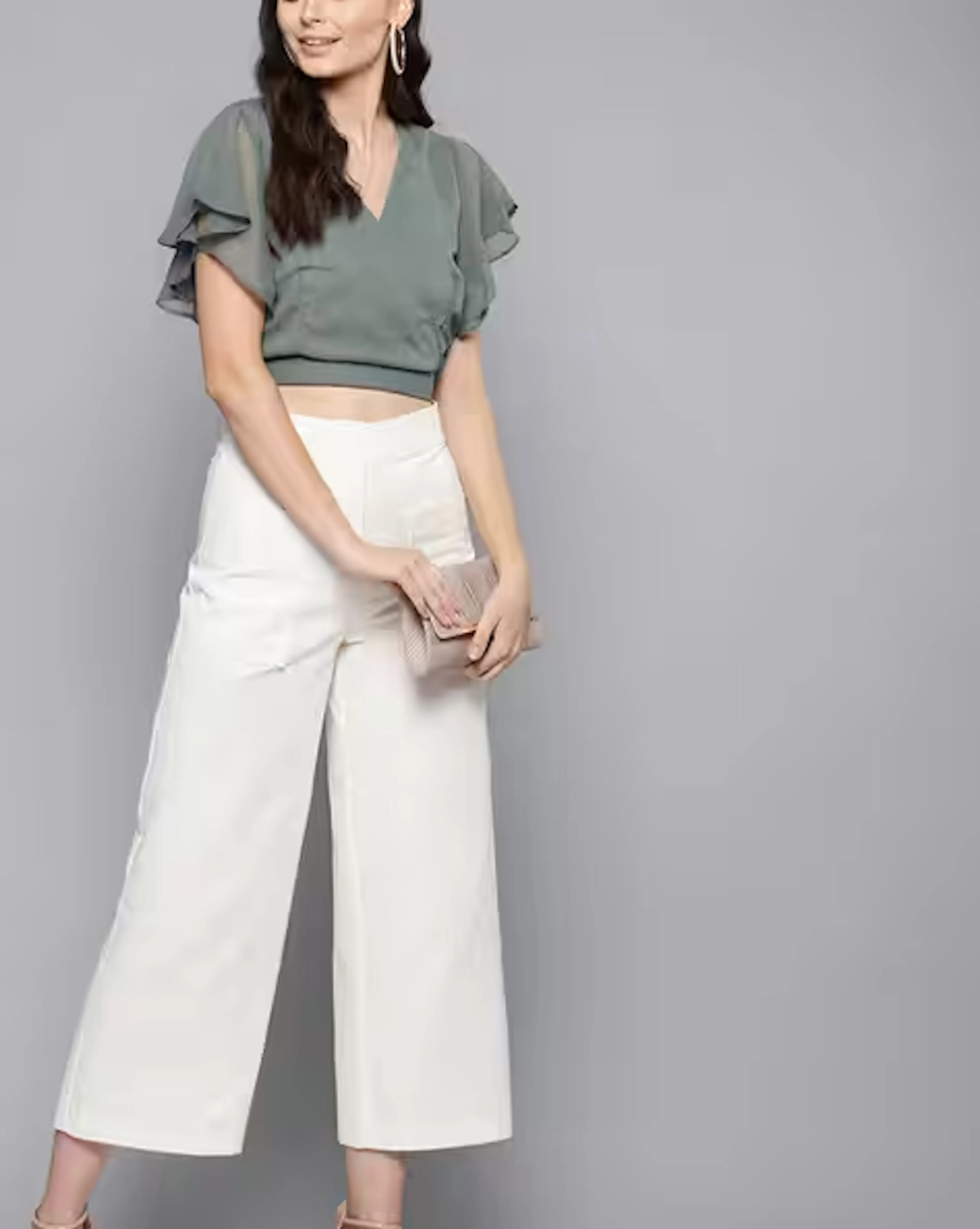 Wrap Blouson Top with Bell Sleeves