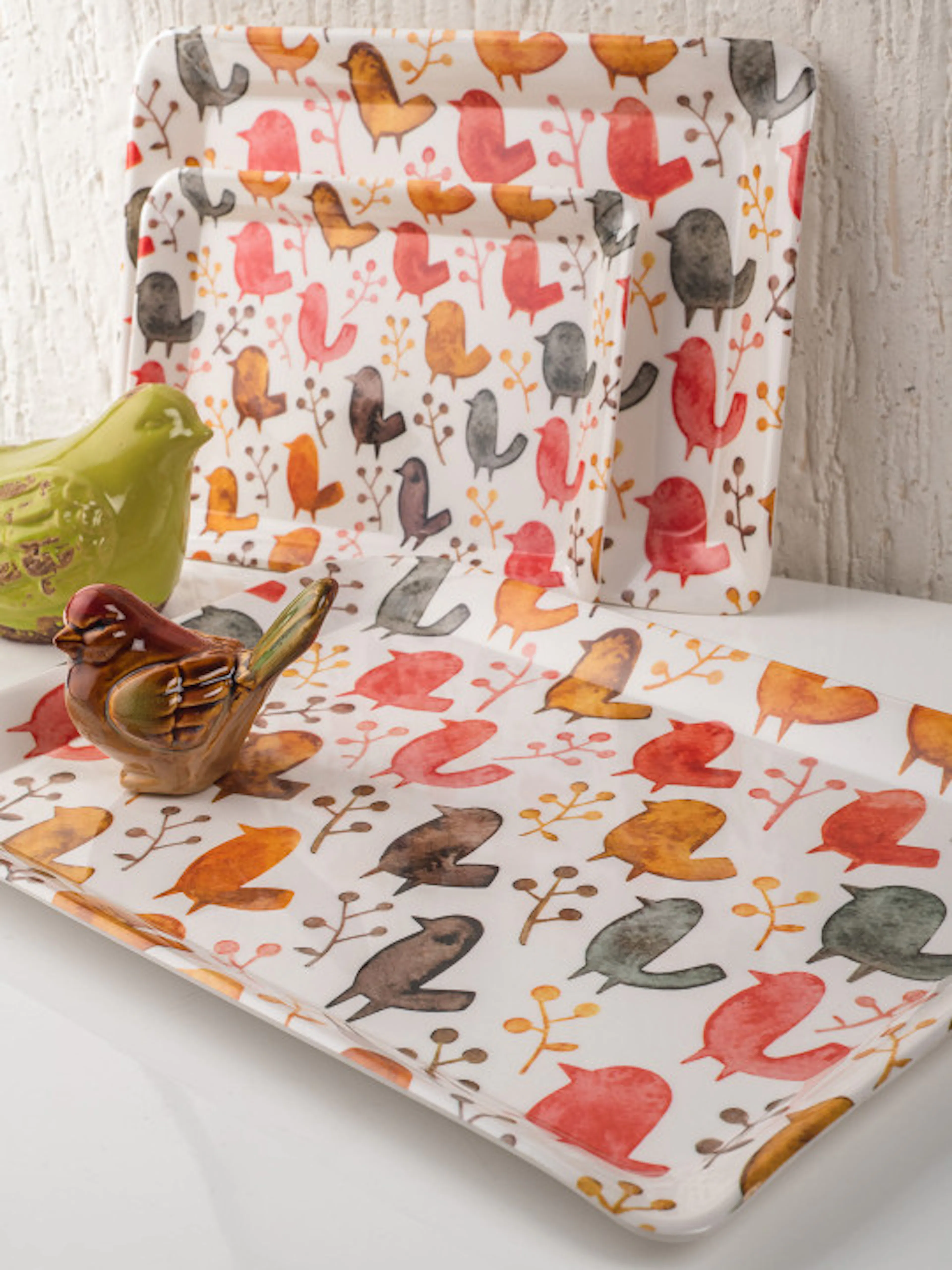 GOODHOMES Set of 3 Off-White & Orange Printed Melamine Serving Trays