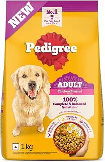 Pedigree Adult Dry Dog Food, New Chicken Biryani Flavour, 1 kg, Protein of 4 Chicken Pieces, Vitamin D3 of 6 Eggs, Calcium of 7 Cups of Yogurt, 100% Complete and Balanced Nutrition​