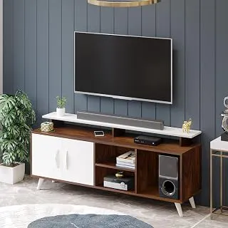 BLUEWUD Skiddo Engineered Wood TV Entertainment Unit Set Top Box Stand/TV Cabinet with Shelves for Books & Décor Display Unit Bed Living Room Upto 55 Inches - DIY (Brown Maple & White)