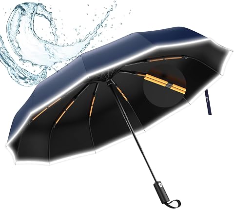 ANYCHOBig Umbrella for Men, 3 Fold with Reflective Stripe Travel Umbrella for Rain, Reinforced 12 Dual Ribs Windproof & Waterproof Folding Umbrella
