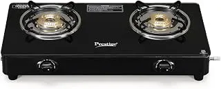 Prestige Iris Plus 2 Burner Auto Ignition Gas Stove | Toughened Glass Top | Tri-Pin Brass Burners | Ergonomic Knob | Black | 2Y Warranty | ISI Certified
