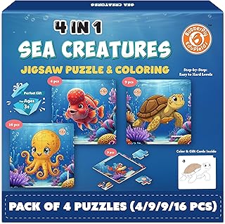 Butterfly EduFields 4-in-1 Sea Creatures Jigsaw Puzzle Set for Kids Age 3-7 | 38 Pcs Brain-Boosting Puzzle Toy with Coloring Worksheets for Boys & Girls | Preschool Learning
