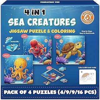Butterfly EduFields 4-in-1 Sea Creatures Jigsaw Puzzle Set for Kids Age 3-7 | 38 Pcs Brain-Boosting Puzzle Toy with Coloring Worksheets for Boys & Girls | Preschool Learning