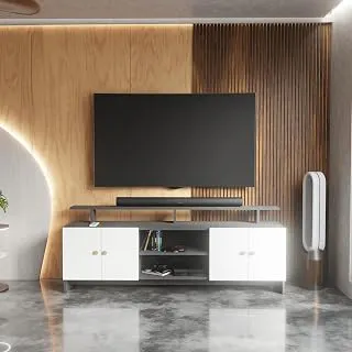 Modern TV Unit for Living Room | Wooden TV Cabinet with Open Shelf & Storage | Entertainment Unit | Assembly-DIY | Color-Grey & White