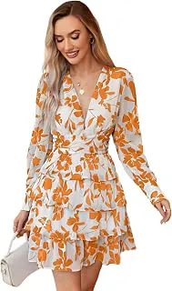 Leriya FashionWomen’s V-Neck Floral Print Ruffle Long Sleeve A-Line Mini Dress | Elegant Casual Party Outfit | Lightweight Layered Summer Wear