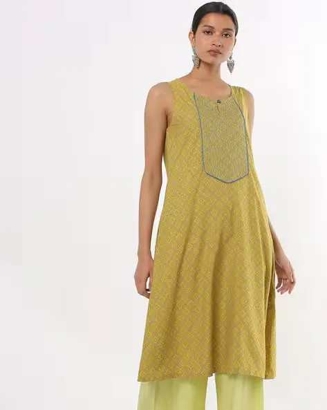 Floral Print A-line Kurta with Couched Yoke