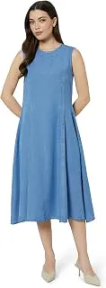 Amazon Brand - SymbolWomen's Cotton Tencel Denim A-Line Dress | Sleeveless, Round Neck, Midi Length, Back Zip (Available in Plus Sizes)