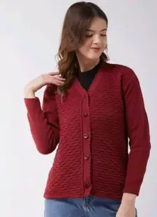 Ruishee Solid V Neck Casual Women Maroon Sweater