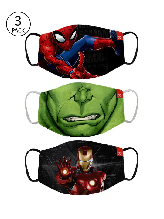 BonOrganik Kids Pack of 3 Pcs Multicoloured Avengers Print 2-Ply Protective Outdoors Masks
