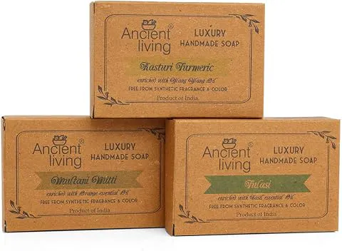 Ancient Living Organic & Natural Soaps Daily Bath Needs with Cold Pressed Oils (Handmade) - 100 gm each Kasturi Turmeric for Radiance Multani Mitti for Anti Aging Tulasi for Cleansing Anti-aging,Cleansing