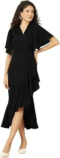 SelviaWine Flutter Sleeve Bodycon Midi Dress for Women, V-Neck Ruffle Hem Outfit