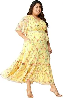 Miss Chase A+Women's Bohemian V-Neck Flutter Sleeve Chiffon Relaxed Fit Wrap Maxi Dress