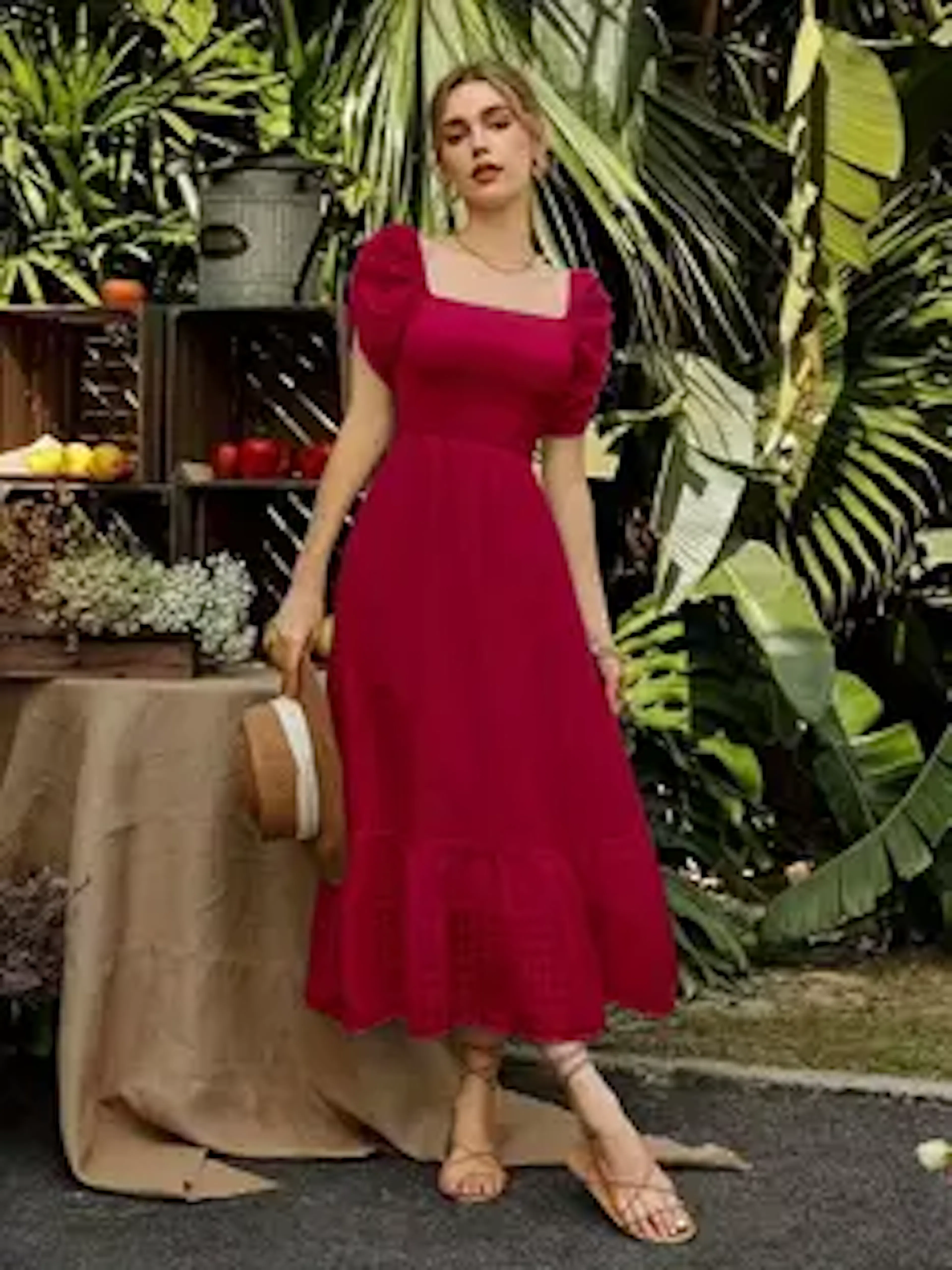 EMERYLA Women A-line Maroon Midi/Calf Length Dress