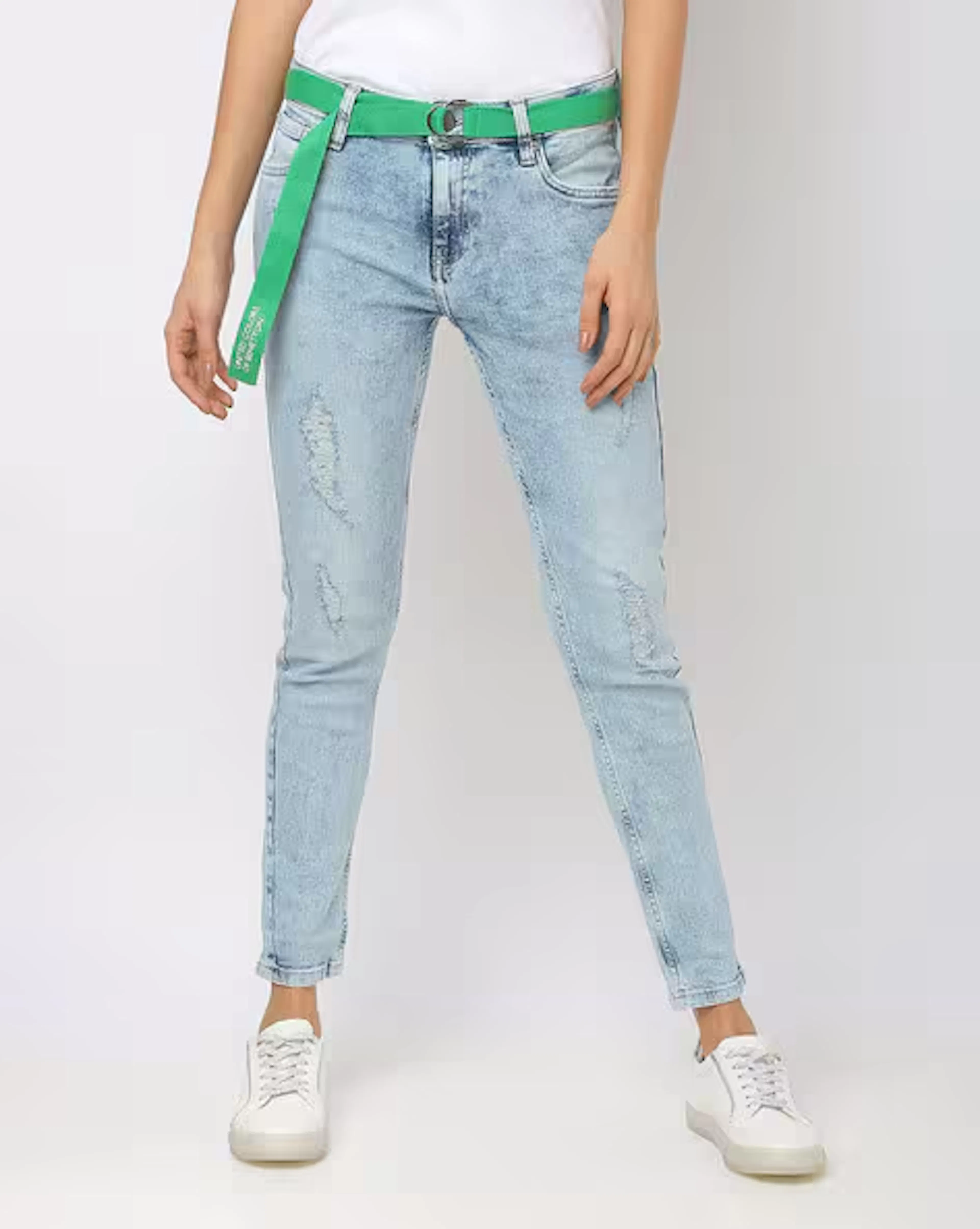 Washed Distressed Skinny Jeans with Belt