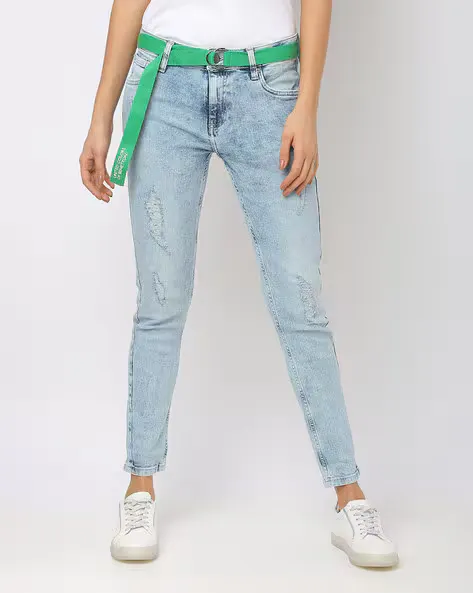 Washed Distressed Skinny Jeans with Belt