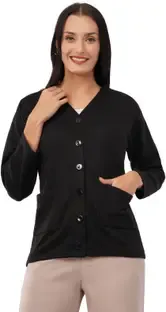 LE ARC Self Design V Neck Casual Women Black Sweater