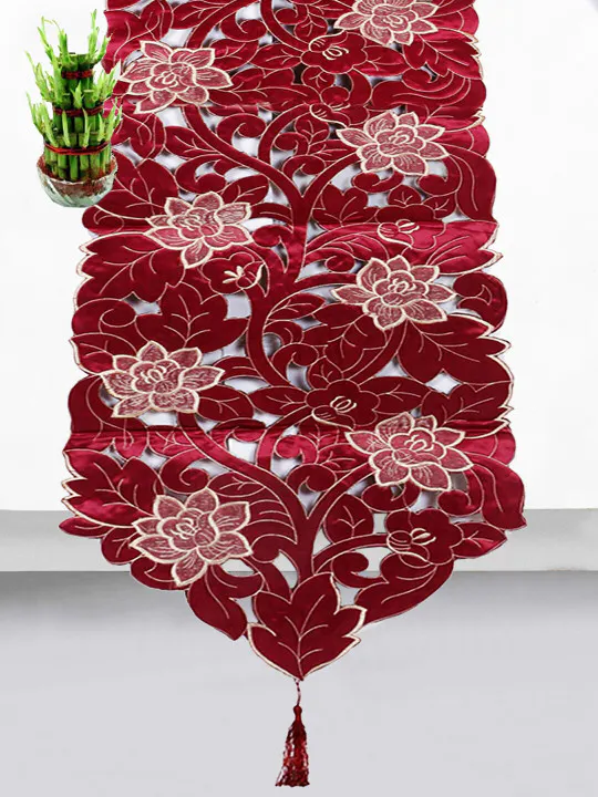 Kuber Industries Maroon Floral Printed Dining Table Runner