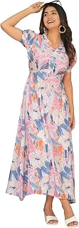BollycluesWomen's Floral Maxi Dress | Short Sleeve Button-Down Long Dress | Elegant Collared A-Line Casual Dress | Lightweight Summer Vacation Dress for Women