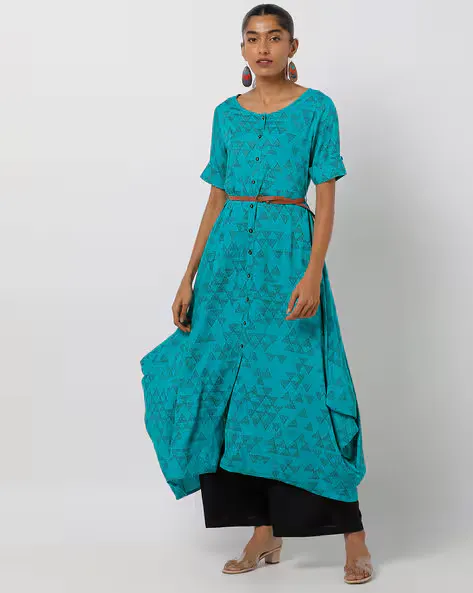 Printed A-line Kurta with Handkerchief Hem