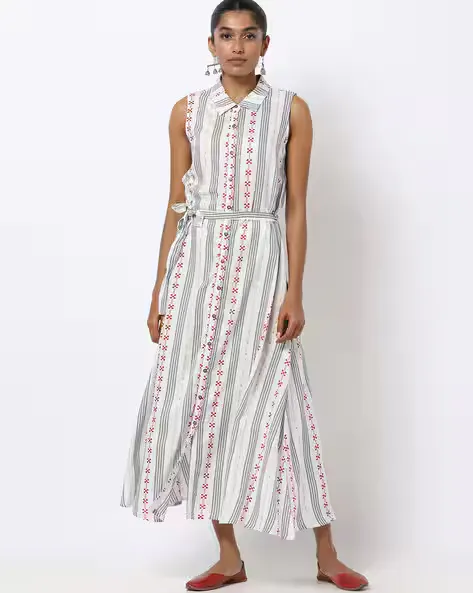 Striped Maxi Shirt Dress with Waist Tie-Up