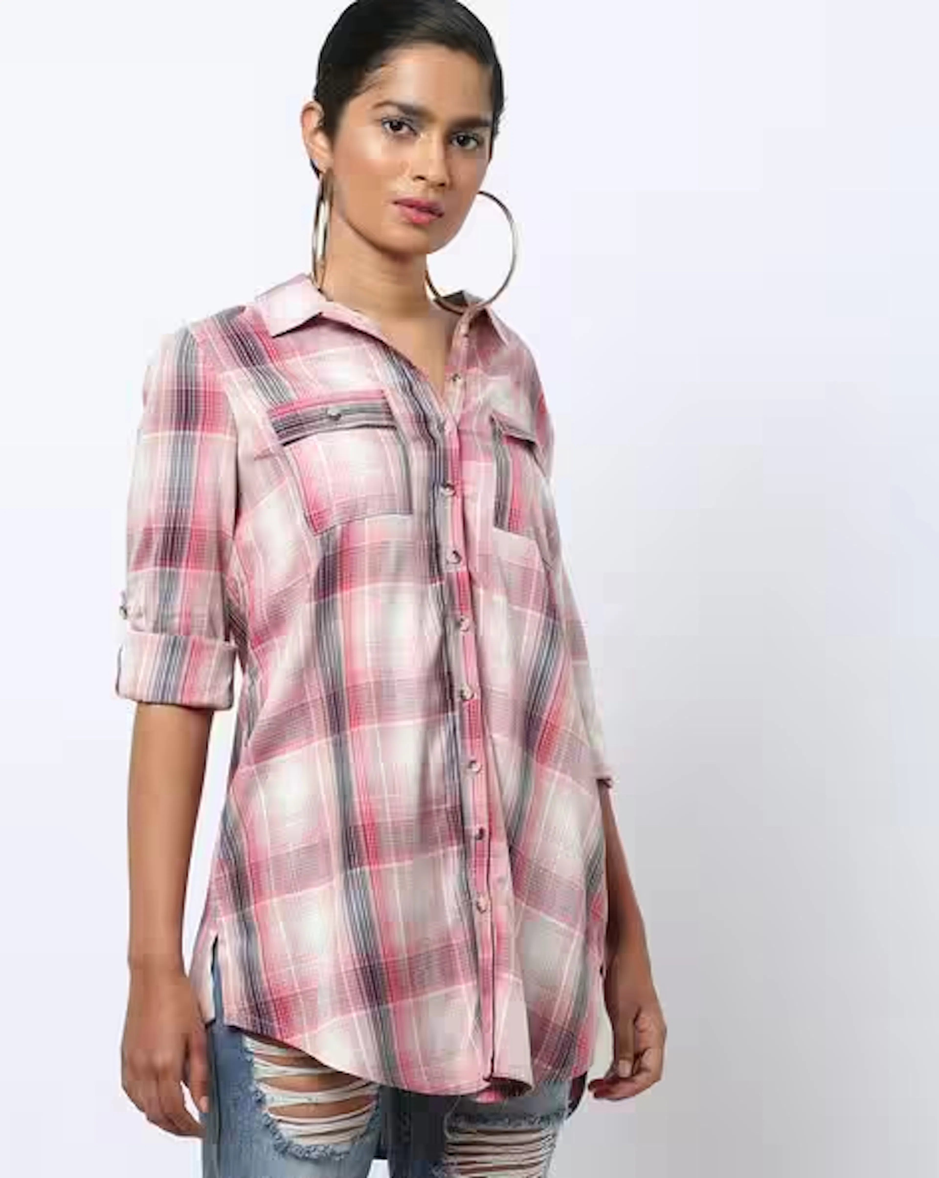 Checked Long Shirt with Buttoned Flap Pockets