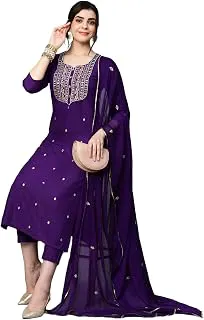 GoSriKiWomen’s Cotton Blend Embroidered Kurta Set with Pant & Dupatta – Straight Calf‑Length, 3/4 Sleeve, Round Neck – Elegant Ethnic Attire (5 Colors, S–5XL)