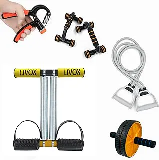 LIVOX Gym Equipment Set for Home Workout Combo Men Women Exercise Gym Kit – Includes Item (Push up bar,Toning tube-Tummy Trimmer-Ab roller-R hand grip)