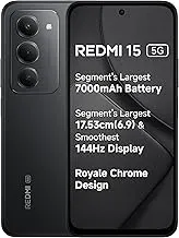 Redmi15 5G Midnight Black 8GB + 256GB | Segment's Largest 7000mAhA Battery | Segment's Largest Display 17.53cm(6.9) Up to 144Hz | Snapdragon 6s Gen 3 | 18W Reverse Charging | 50MP AI Dual Camera