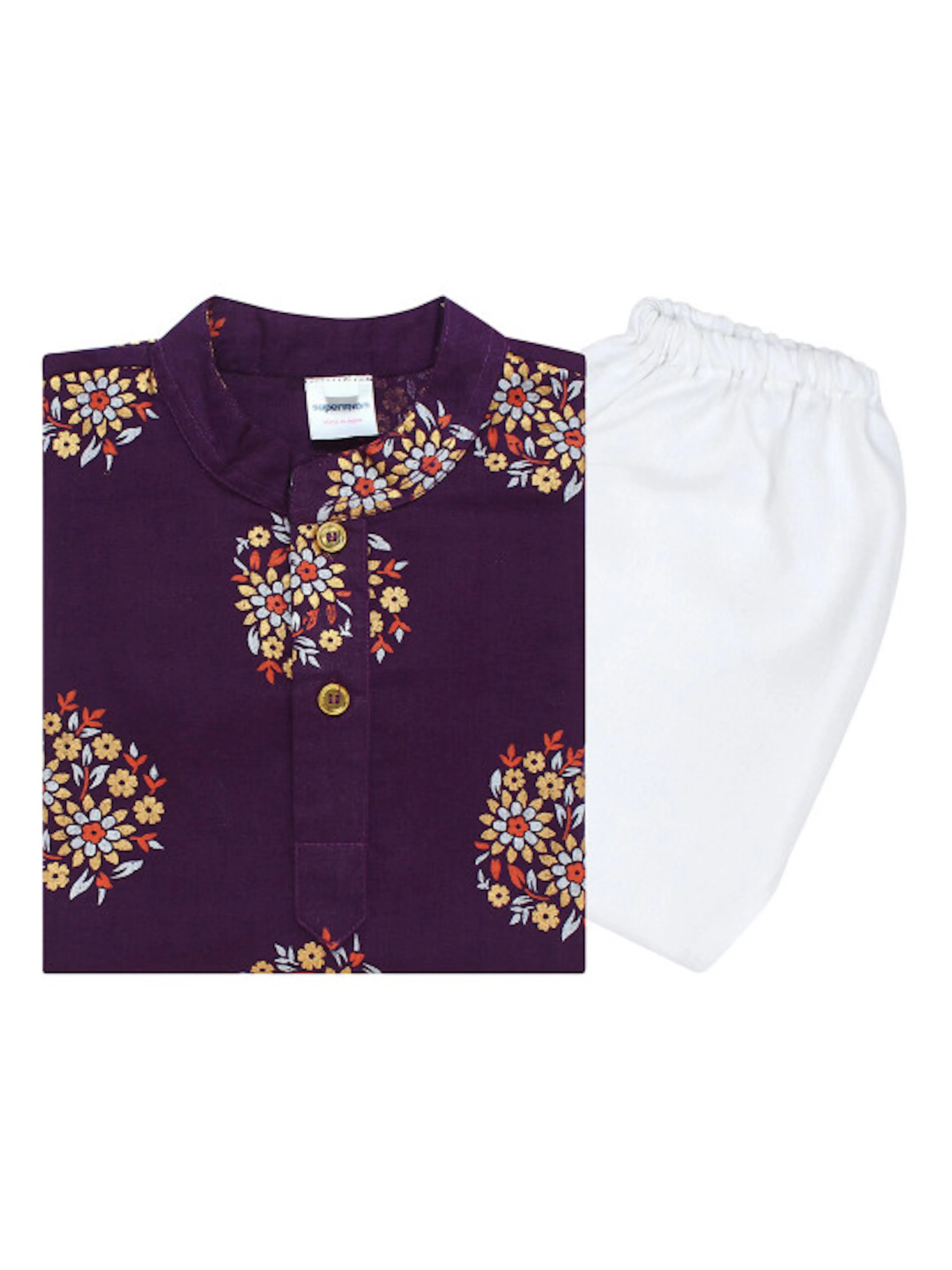 Superminis Boys Pure Cotton Gold Foil Printed Purple & White Kurta Pyjama Set