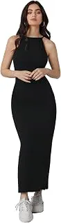 AahwanPink Solid Halter Neck Solid Bodycon Midi Dress for Women's & Girl's
