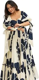 Modestouze AttiresWomen's Floral Pattern Rayon Blend Maxi Dress with Sweetheart Neck Half Puff Sleeve Floor Length and Zipper Closure Type | Maxi Dress for Women Stylish | Dress for Women