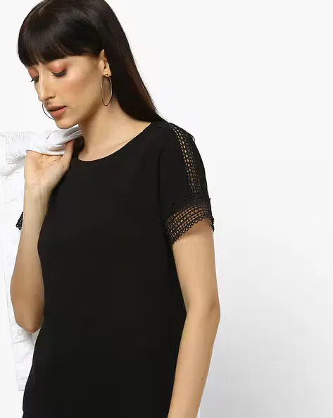 Crew-Neck Top with Lace Panels