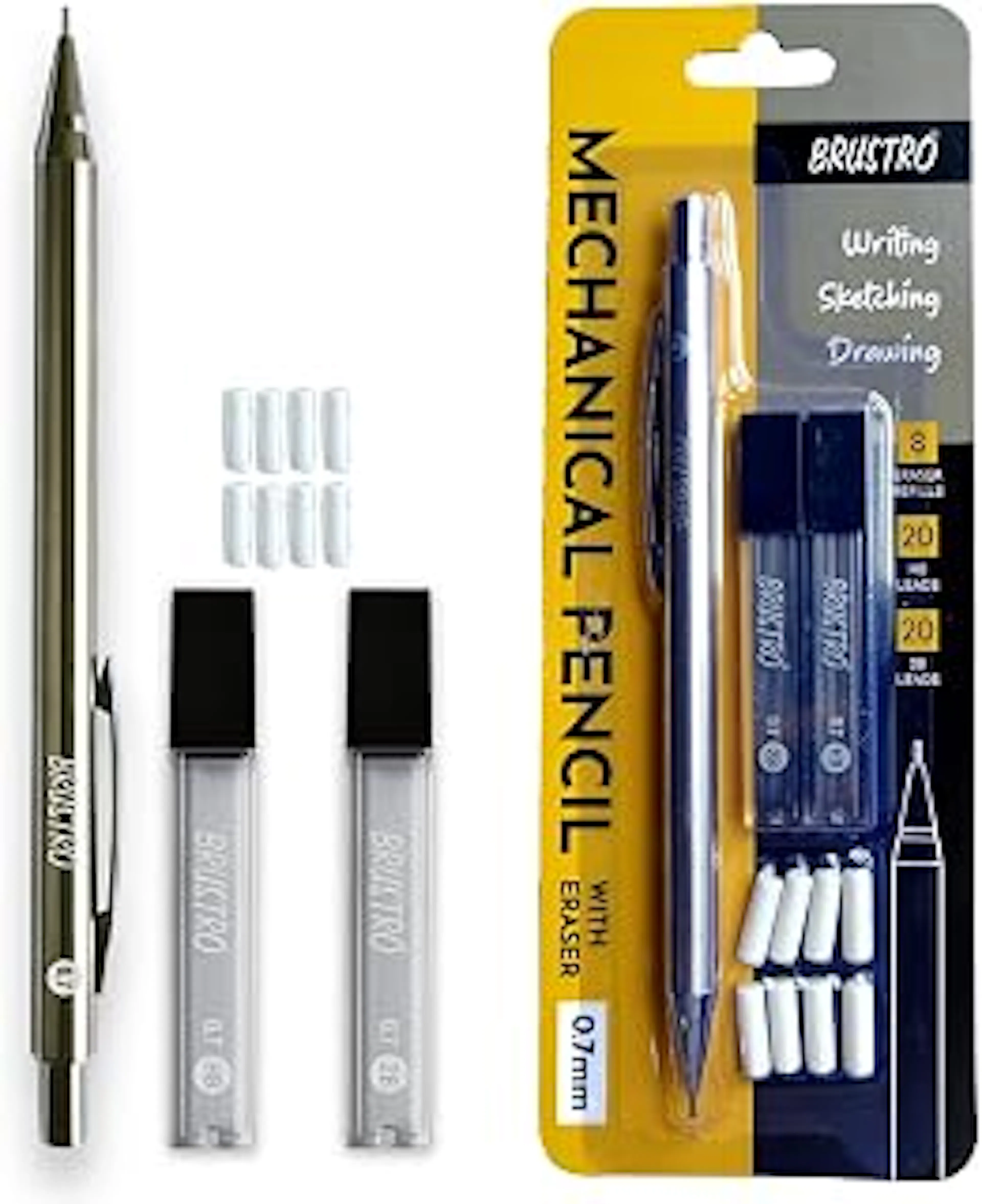 BRUSTRO Mechanical Pencil Set | HB-20 leads, 2B-20 leads,Spare eraser 8 units|Tip size 0.7 mm | Ideal for Students,Adults, Home, School, Office, Stationery Use |Writing, Sketching, Drawing,Mandala Art