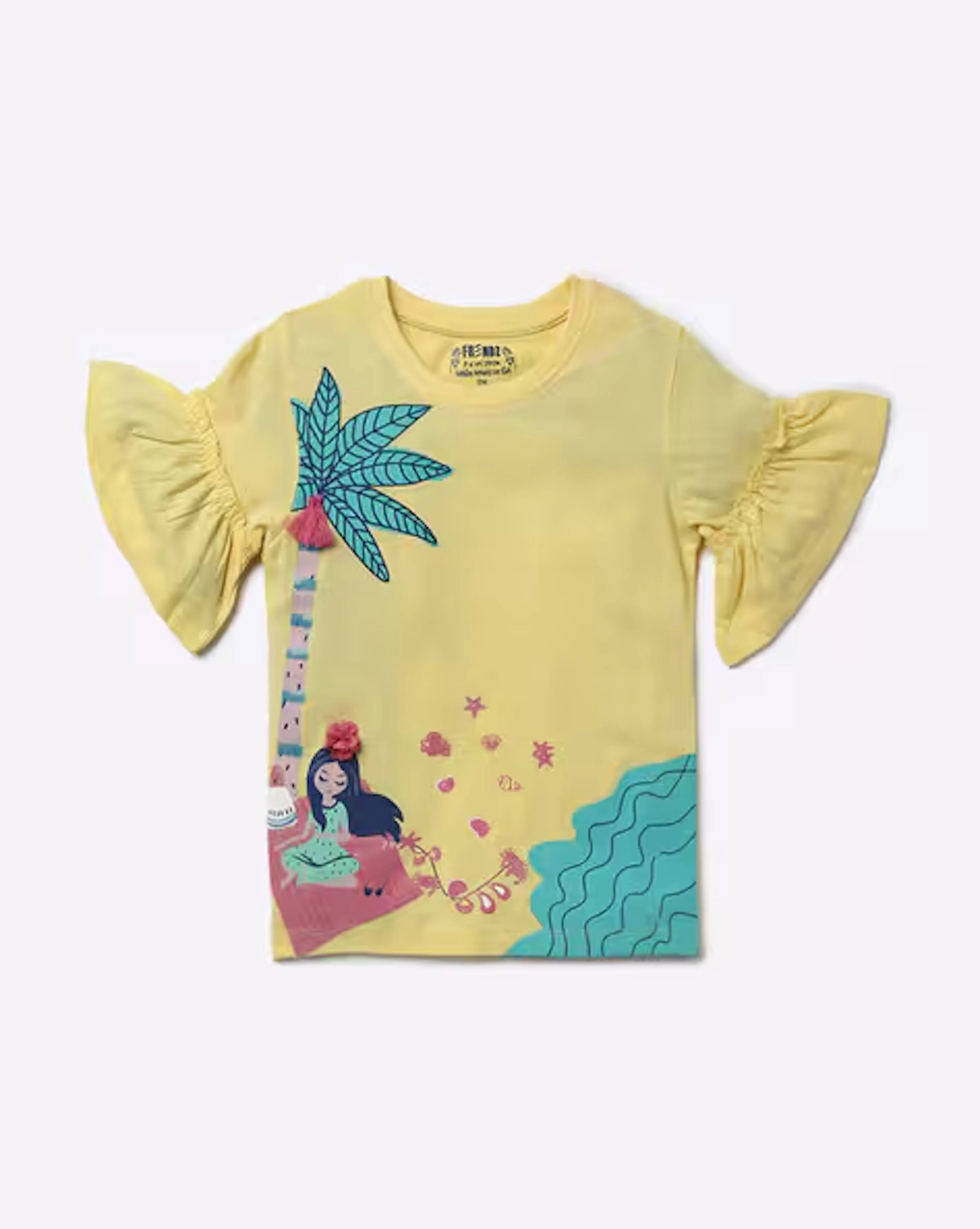 Printed Round-Neck T-shirt with Flounce Sleeves