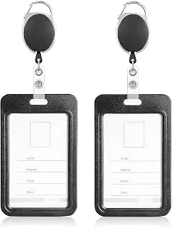 AccuPrints Pack of 2 Sliding Badge Holder Hard Black Vertical Plastic Card Case Protector with Retractable Badge Reel Carabiner for Office School ID Credit Proximity Key Card Driver’s License and Pass