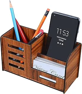 Kbr Pen Stand With Visiting Card & Mobile Holder Multipurpose Wooden Stationery Desk Organizer Pen And Pencil Stand For Office Table With Business Card Holder Box And Mobile Stand Line, Brown