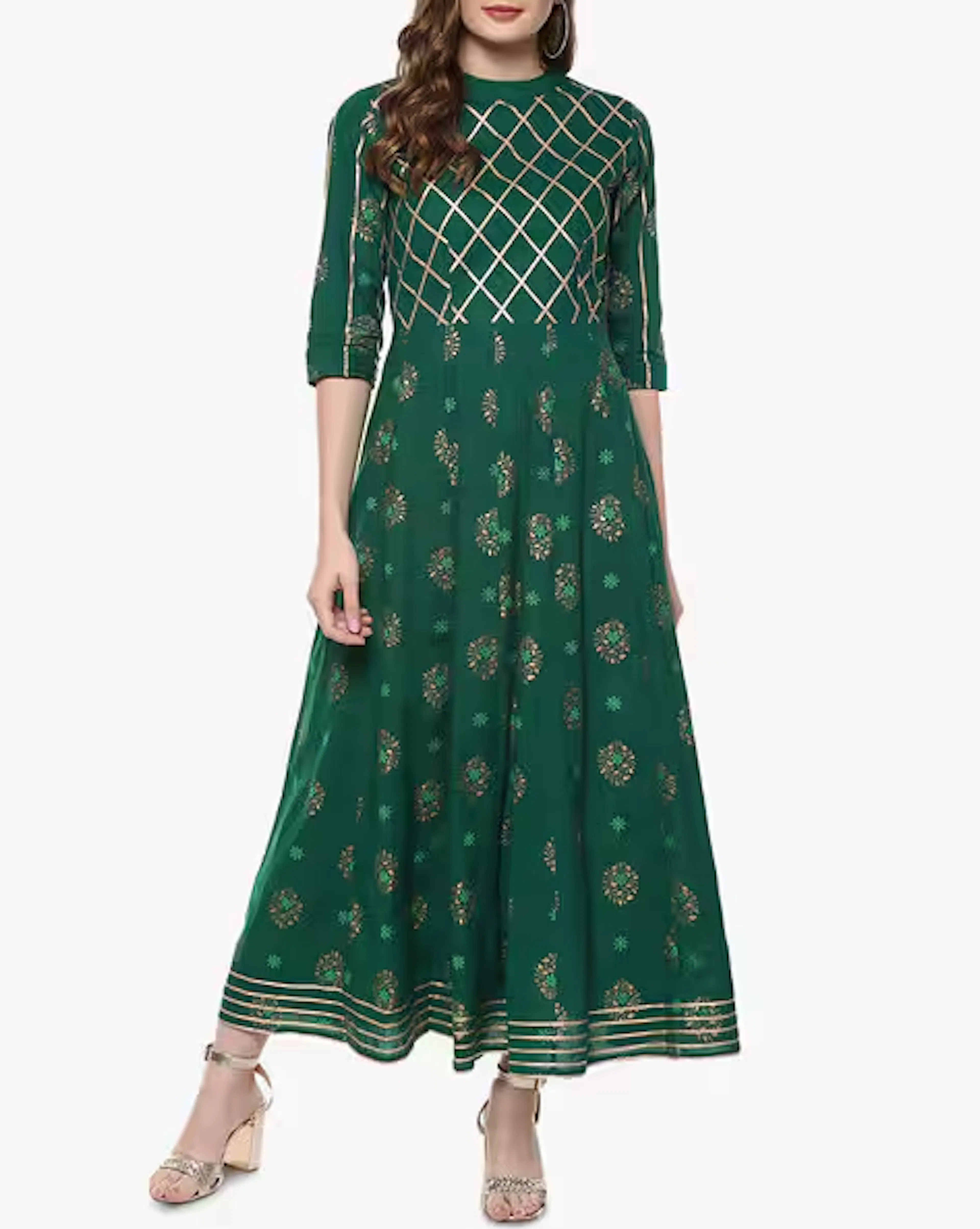 Floral Print Anarkali Kurta with Gota Panels